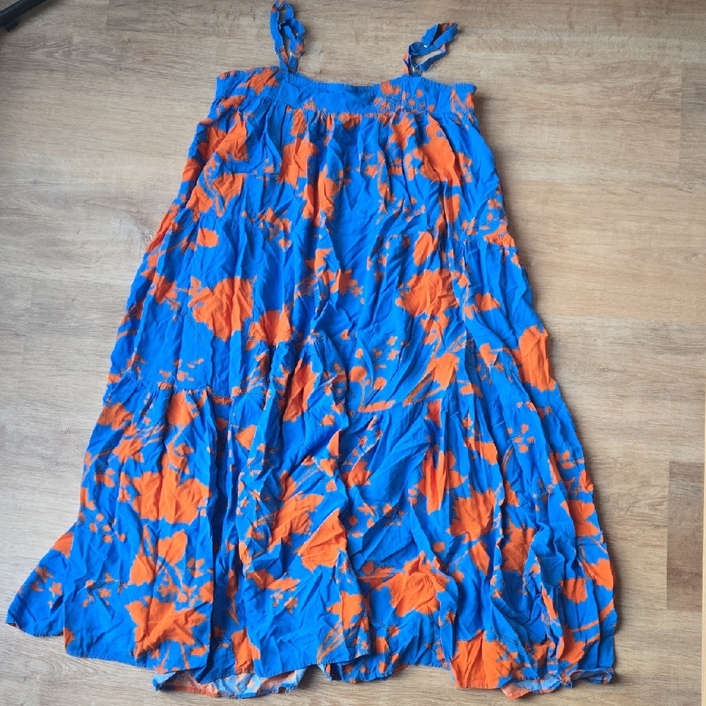 Abel the Label Anthropologie Blue and Orange Floral Maxi Dress Sz L